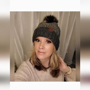 C.C Women's Faux Fur Pom Shiny Metallic Finished Knit Beanie Hat